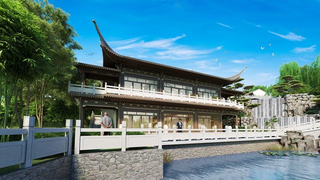 F 座朝阳阁效果图，两层楼建在水边